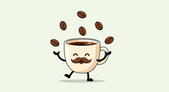 Cheerful cartoon coffee cup character with a mustache juggling roasted coffee beans to celebrate morning energy and caffeine culture.