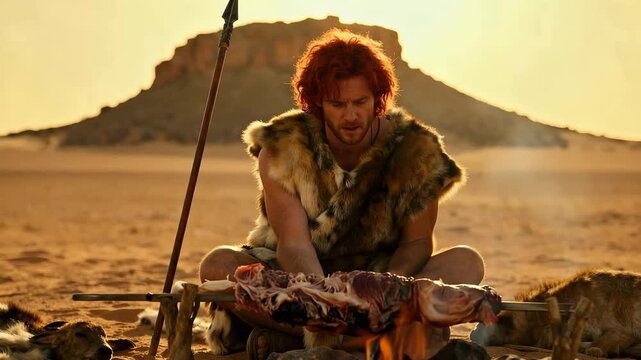 Esau, Isaac's Eldest Son, Dressed in Furs, Roasting His Catch in the Desert
