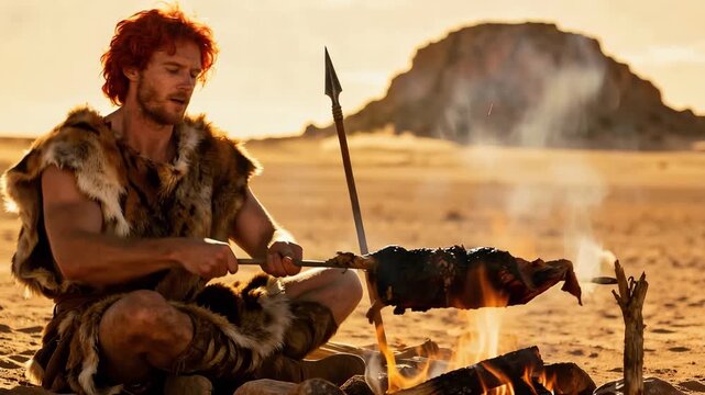 Esau, Isaac's Eldest Son, Dressed in Furs, Roasting His Catch in the Desert