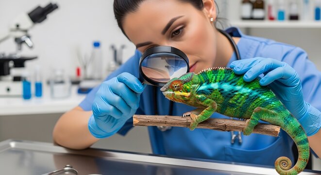 Veterinarian Examining Colorful Chameleon with Magnifying Glass in Clinic