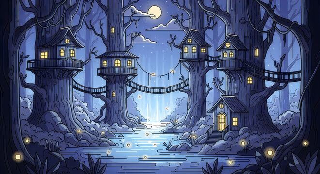 Whimsical treehouses on a misty night by a serene forest lake under moonlight