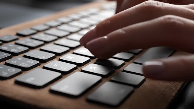 Close up of hands typing on a computer keyboard in a dimly lit room.
