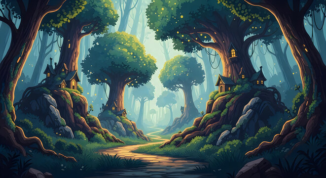 Whimsical forest scene with treehouses on a winding path at dusk