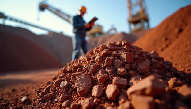 Close up on pile of raw iron ore at industrial site. Worker in hard hat examines material using tablet computer in background. Cranes visible in background, sky clear.