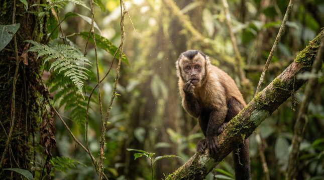 Capuchin monkey perched on branch in lush rainforest setting