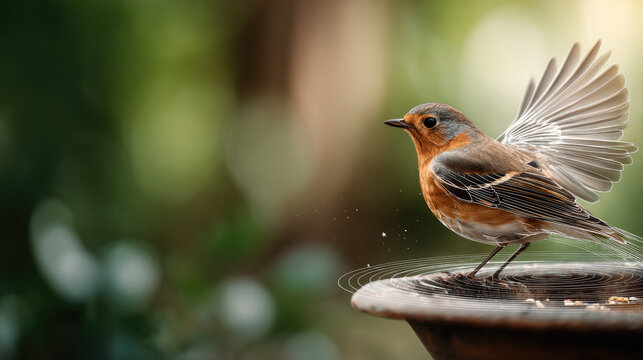 Bird standing on a smart backyard feeder, displaying wings as AI technology identifies and monitors wildlife, sending data signals for research and observation
