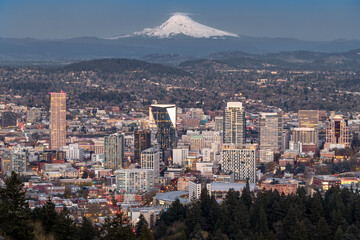 Obraz premium Aerial view of downtown Portland and Mt. Hood in the distance - Portland, Oregon, USA