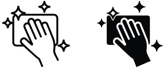 Fototapeta premium Hand cleaning surface with sponge and stars sparkles icon representing outline hand washing, hygiene, and sanitation cleaning