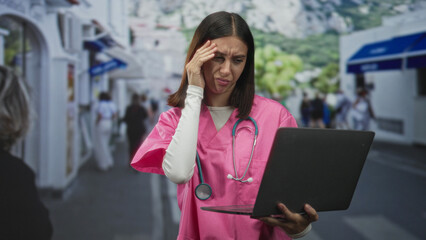 Fototapeta premium Young nurse in pink scrubs holds a laptop, rubs face and places hand on forehead for headache while standing on a busy street; stress duty.
