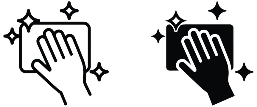 Hand cleaning surface with sponge and stars sparkles icon representing outline hand washing, hygiene, and sanitation cleaning