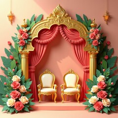 Fototapeta premium Gold ornate arch with red curtains and rich floral arrangements frames two ornate chairs, set for a wedding ceremony or special event. Romantic stage setup for celebration, love, and formal occasions.