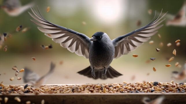 Gray jay flying with wings spread, hovering over a wooden smart bird feeder, detecting and identifying feeding wildlife in a backyard garden