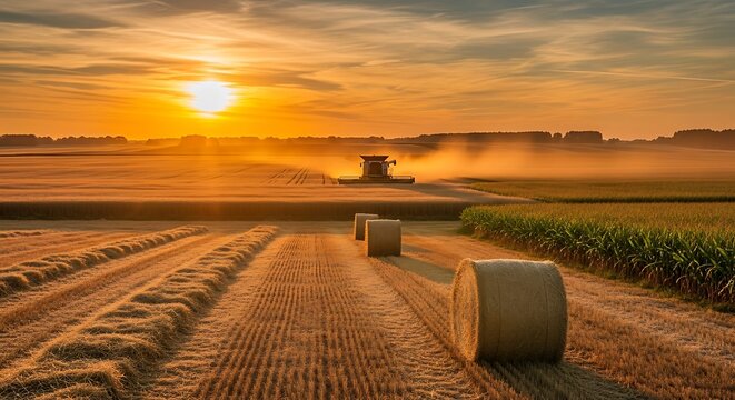 Harvest Season Sunrise Over Hay Bales in Misty Farmland Countryside