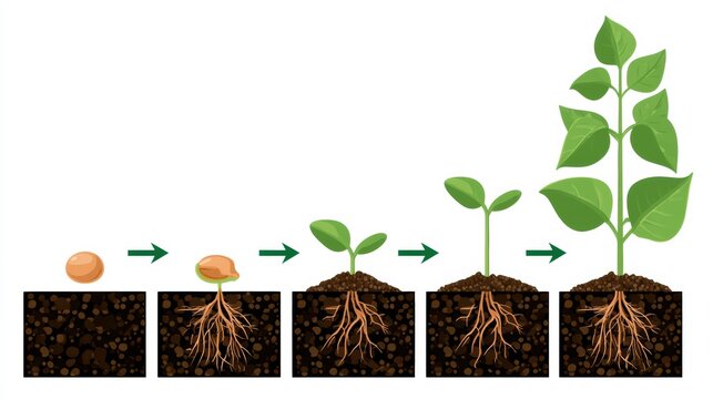 Germination process shown in steps from seed to seedling and then to plant with arrows in a warm color palette depicting growth stages.
