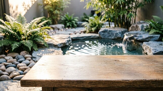 Wooden Table in Serene Garden with Water Feature for Relaxation Concept