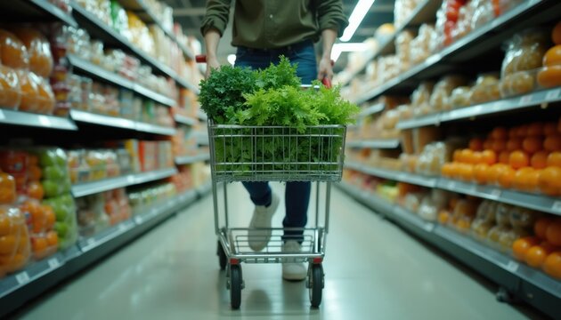 Person pushes cart filled with green lettuce and leafy vegetables down aisle. Shelves display produce, canned goods, and snacks. Shopping for groceries is a daily chore. Healthy eating is important.