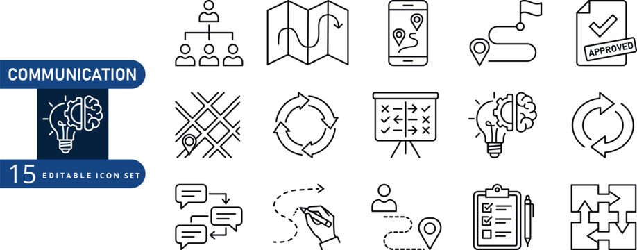 Set of fifteen business communication and strategy line icons for project management and planning showing maps charts tasks and organizational flow Vector, illustration