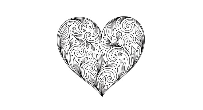 Ornate intricate blackline heart isolated on a transparent background, intricate heart ornate, floral patterns