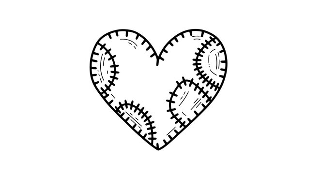 Stitched heart pattern with gears and mechanical isolated on a transparent background, heart shape mechanical gears