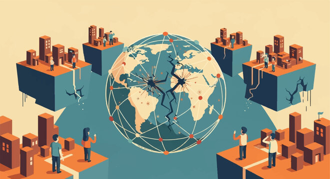 Global network concept illustration of fractured world with people observing
