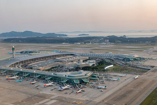 Aerial view of Seoul's Incheon International Airport Terminal 2 at dusk - Seoul, South Korea