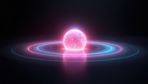 Glowing pink sphere with bright blue rings orbits in dark cosmic space. Futuristic abstract background pulses with neon energy. Digital art shows fantasy, motion and science.