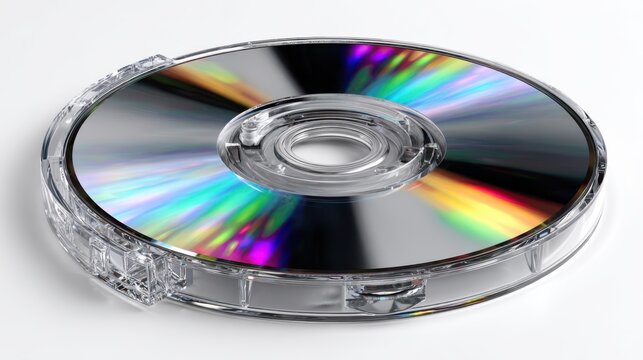 Compact disc in clear jewel case isolated on white background, media storage for music or data