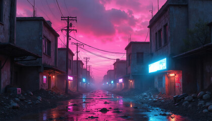 Obraz premium Dark post-apocalyptic urban street at dusk. Grimy buildings line a wet, debris-strewn alleyway illuminated by bright pink and blue neon signs.