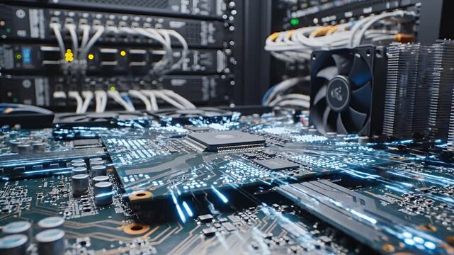 Futuristic Computer Motherboard with Glowing Blue Circuits and CPU.