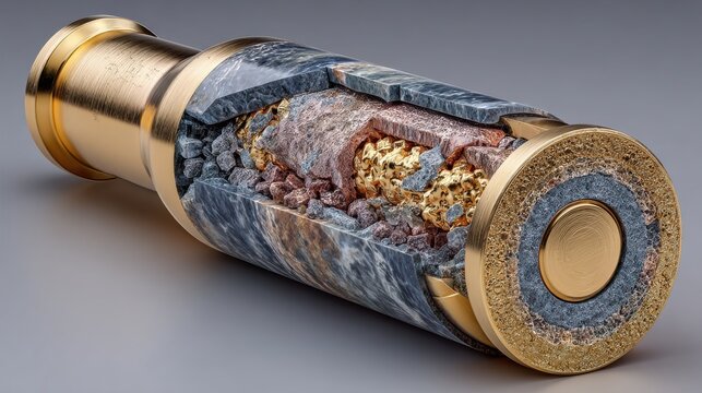 Rifle bullet cross section on a clean background showing the inner layers and gunpowder details.