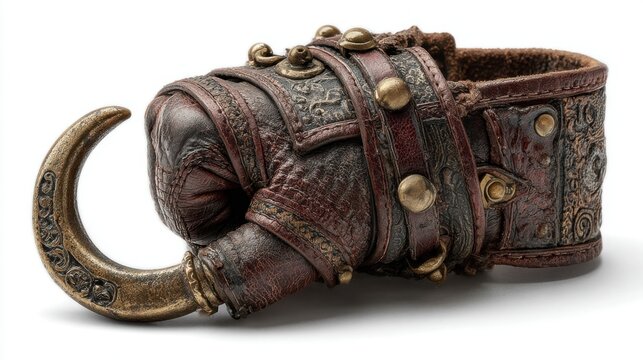 Rusty pirate hook prosthetic with brown leather bracer on a white background, detailed costume accessory for cosplay, Halloween, and pirate-themed designs.
