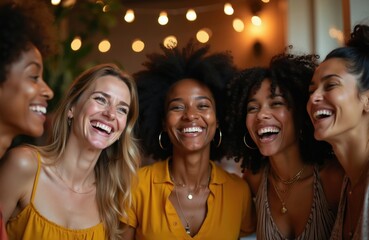 Fototapeta premium Diverse women friends laughing heartily together. Women share joy and happiness, experiencing true connection during social gathering. Authentic female bonding moment captured closeup indoors.