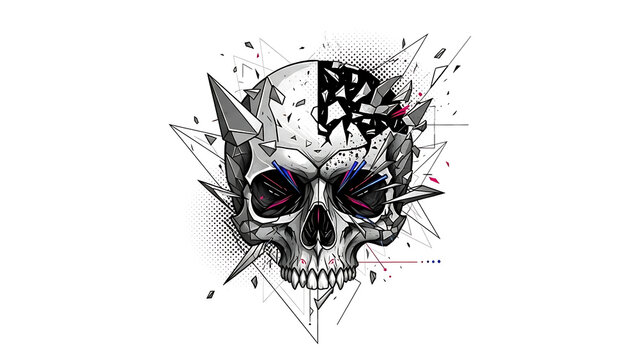 Dark, broken skull with geometric splinters and sharp edges isolated on a transparent background, black and white, abstract skull fractured skull