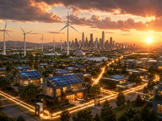 Fototapeta premium Sustainable smart cityscape with solar homes and wind turbines at sunset