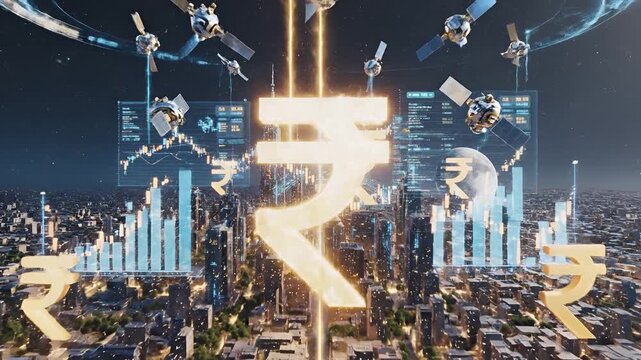 Golden Rupee Symbol Illuminates Futuristic Cityscape with Financial Data and Satellites.