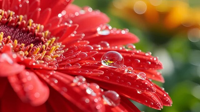 Macro shot of a vibrant red gerbera daisy covered in sparkling water droplets.