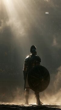 Gladiator standing alone inside massive Roman colosseum before battle, dramatic sunlight beams piercing dust and smoke, cinematic, high-detail, immersive ancient arena scene.