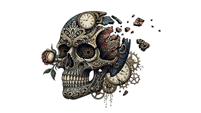Intricate clockwork skull with broken isolated on a transparent background, broken pieces ornate details