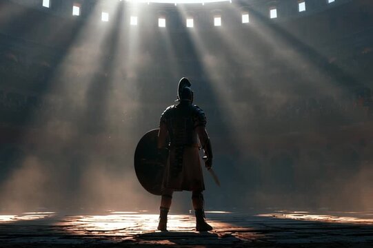 Gladiator standing alone inside massive Roman colosseum before battle, dramatic sunlight beams piercing dust and smoke, cinematic, high-detail, immersive ancient arena scene.