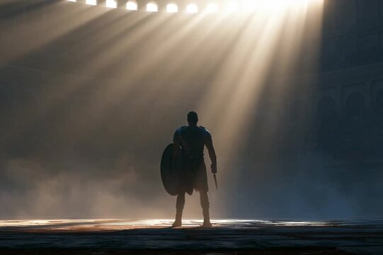 Gladiator standing alone inside massive Roman colosseum before battle, dramatic sunlight beams piercing dust and smoke, cinematic, high-detail, immersive ancient arena scene.
