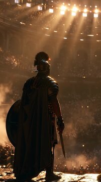 Gladiator standing alone inside massive Roman colosseum before battle, dramatic sunlight beams piercing dust and smoke, cinematic, high-detail, immersive ancient arena scene.