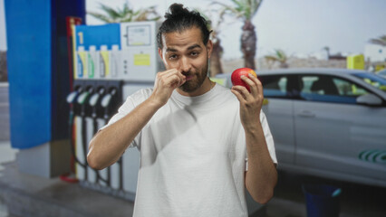 Man holding red apple pinches nose with fingers near parked car at street petrol station forecourt  uncertainty. © Krakenimages.com
