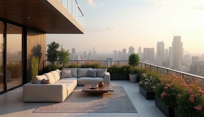 Obraz premium Modern balcony with sofa and coffee table offers city skyline view. Plants and flowers adorn terrace. Peaceful urban retreat provides relaxation.