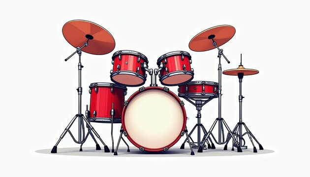 Red acoustic drum set with cymbals and stands. A graphic visual illustration of a percussion instrument used in various music genres. Suitable for music related designs.