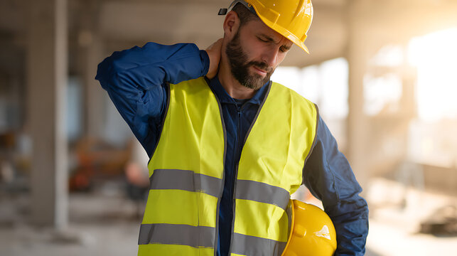 Tired male construction worker in yellow hard hat and safety vest rub his painful neck, indicating discomfort and occupational injury at job site