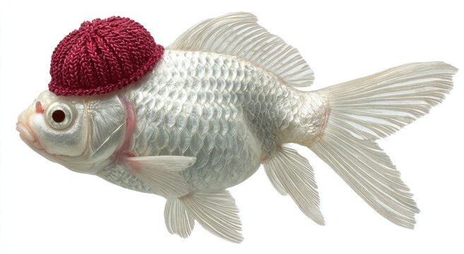 Unique fish wearing a red hat on a clean white background concept