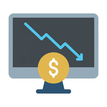 Minimalist icon of a computer monitor displaying a downward trend graph with a gold coin in the foreground isolated on a white background financial loss concept