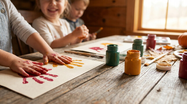 Children making colorful handprint art at wooden table indoors  