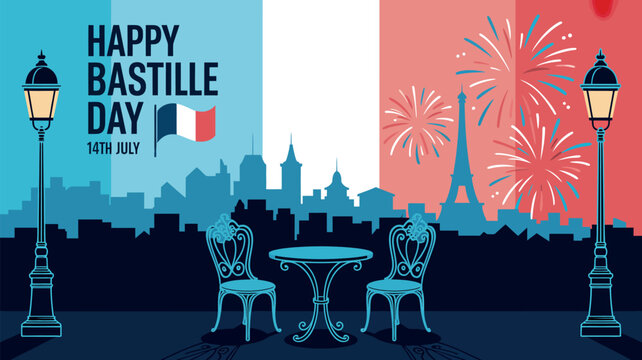 Festive illustration showing the Eiffel tower and city skyline with fireworks against the french flag colors to celebrate the national holiday of bastille day in paris during the summer season.