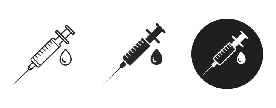 Medical syringe icon set with liquid drop symbolizing injection, vaccination, medicine dosage